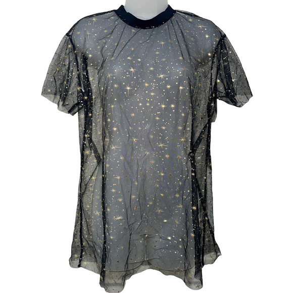 New Medium Black Mesh Star Galaxy Long Top Rave‎ Coverup Beach Witchy Festival - Picture 3 of 4